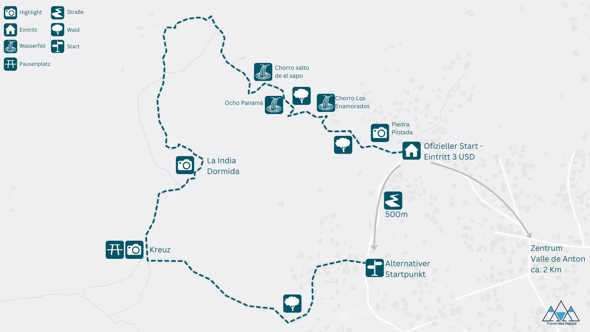 Wanderkarte: Wanderung zum La India Dormida Viewpoint in Valle de Anton, Panama - verpasse kein Highlight auf der Wanderung